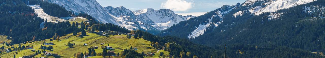 Panoramablick auf ein üppiges grünes Tal, eingebettet zwischen schneebedeckten Bergen und dichten Nadelwäldern.