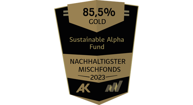 Auszeichnung des Investmentfonds-Badges für Sustainable Alpha Fund, das eine Gold-Bewertung von 85,5 % für gemischte Fonds im Jahr 2023 anzeigt.