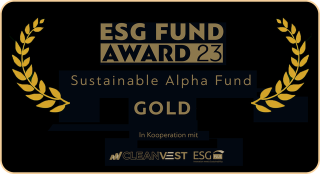 Gewinner des ESG Fund Award 2023 für Sustainable Alpha Fund, der eine Goldauszeichnung erhält, präsentiert in Zusammenarbeit mit Cleanvest ESG Plus.